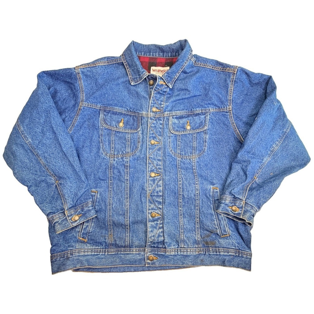 Wrangler Rugged Wear Blanket Lined Denim Trucker Jacket XXL Plaid Blue Coat